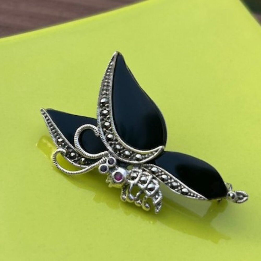 BUTTERFLY 925 Silver Onyx Marcasite Art Deco BROOCH - Picture 2 of 10
